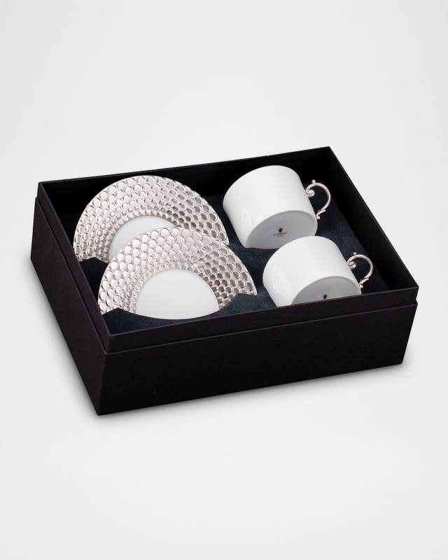 Aegean Platinum-Trim Tea Cup & Saucers, Set of 2